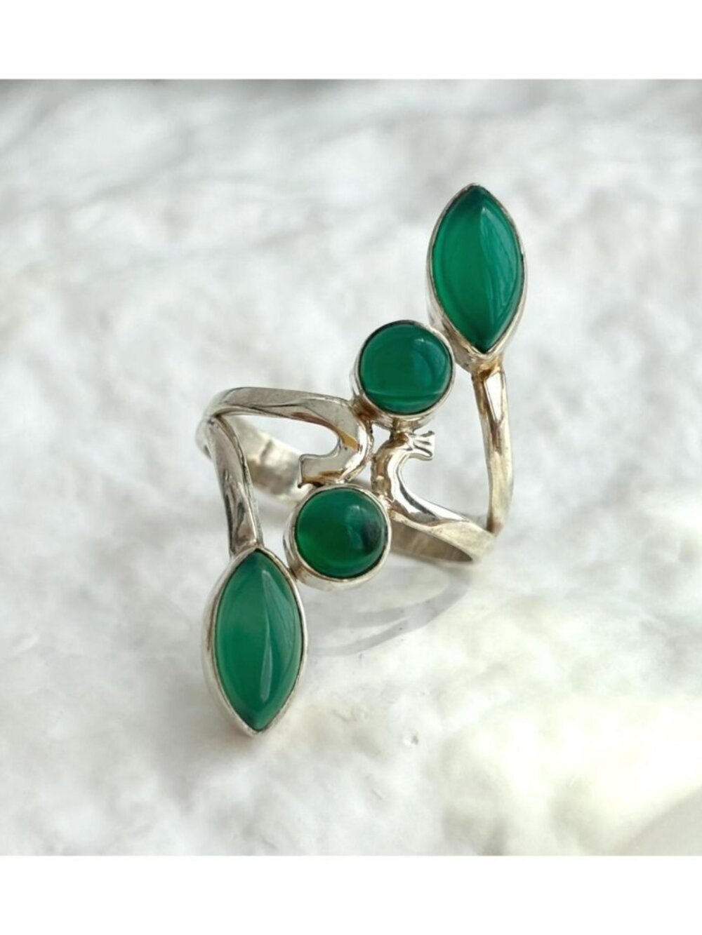 Green Onyx Leaf Shaped Bypass Shank Sterling Silver 925 Vintage Ring - sz 7